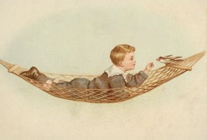 Rapaz deitado numa rede a alimentar um pássaro (cromolitho) de European School