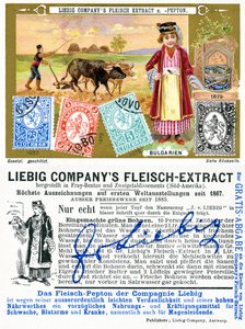 Selos postais búlgaros, frente e verso de um cartão promocional da Liebig, 1897 de European School