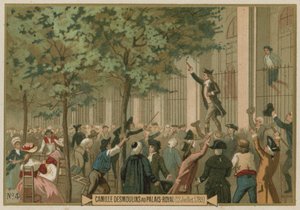 Camille Desmoulins emite seu chamado às armas do lado de fora do Palais Royal, Paris, Revolução Francesa, 12 de julho de 1789 de European School
