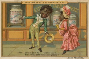 Os africanos dos desenhos animados olham o extrato da carne de Leigib na janela da loja de European School