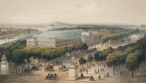 Campos Elíseos e Palácio da Indústria construídos para a Exposição Universal de 1855, Paris, França (litografia a cores) de European School