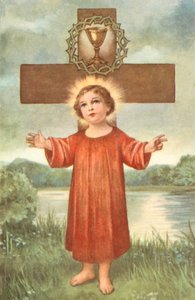 Menino Jesus, cruz, coroa de espinhos e cálice de comunhão (litografia a cores) de European School