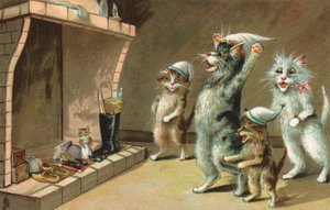 Gatos de banda desenhada, à espera dos seus presentes de Natal (litografia a cores) de European School