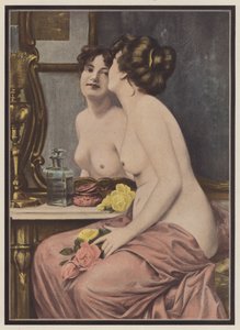 Coquetry, mulher diante de um espelho (cor litho) de European School