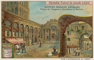 Palácio de Diocleciano em Split na Croácia com pormenor da Colunata e da Porta do Mar do Sul (cromolitho) de European School