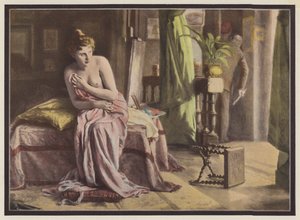 Emoção, mulher sentada em uma cama (lito colorido) de European School