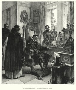Imperador Carlos V em aposentadoria no Mosteiro de Yuste, Espanha, após sua renúncia (litho) de European School