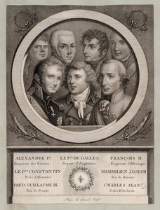 A realeza europeia do início do século XIX: Czar Alexandre I da Rússia; Jorge, Príncipe de Gales, Regente do Rei Jorge III; Francisco II, Sacro Imperador Romano-Germânico; Grão-Duque Konstantin Pavlovich da Rússia; Maximiliano José, Rei da Baviera e Eleito de European School