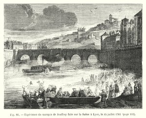 Experiência do Marquês de Jouffroy feita no Saone em Lyon, 15 de julho de 1783 (gravura) de European School