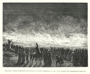 Incêndios de óleo na superfície do Mar Cáspio na noite de um dia de replay público (gravura) de European School