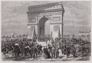 Soldados alemães no Arco do Triunfo, Paris, após assegurarem a vitória na Guerra Franco-Prussiana, 2 de Março de 1871 (gravura) de European School