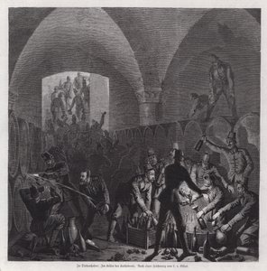 Soldados alemães se ajudam no conteúdo da adega da Catedral de Thionville, França, Guerra Franco-Prussiana de European School