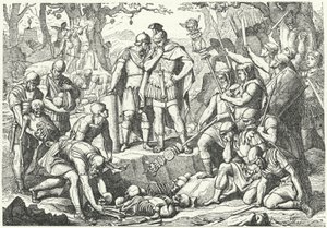 Germanicus enterrando os ossos dos soldados das três legiões romanas comandadas por Publius Quinctilius Varus destruídos pelos alemães na Batalha de Teutoburg Forest em 9 aC (gravura) de European School