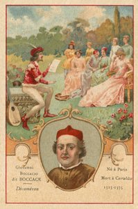 Giovanni Boccaccio, escritor e poeta italiano, e uma cena do The Decameron de European School