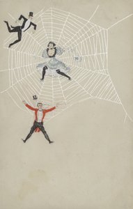 Rapariga a apanhar homens numa teia de aranha (litografia a cores) de European School