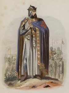 Godfrey de Bouillon, líder franco da Primeira Cruzada e primeiro governante do Reino de Jerusalém (gravura colorida) de European School
