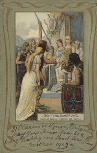 Gotterdammerung, Siegfried recebe Brunhilde e Gunther (litografia a cores) de European School