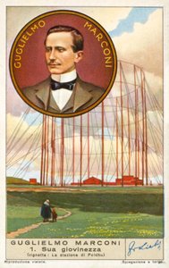 Guglielmo Marconi, inventor italiano e pioneiro da rádio, e a sua estação sem fios em Poldhu, Cornualha (cromolitografia) de European School