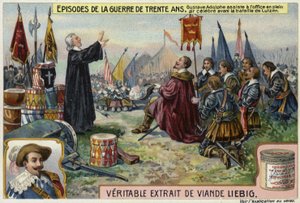 Gustavus Adolphus da Suécia assiste a um serviço ao ar livre antes da Batalha de Lutzen, Alemanha, 1632 de European School