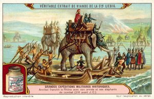 Hannibal atravessando o Ródano com o seu exército e elefantes, 218 AC (cromolitho) de European School