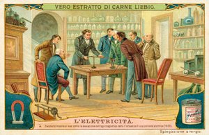 Hans Christian Oersted mostrando aos seus amigos o desvio da agulha magnética sob a influência de uma corrente elétrica, 1820 de European School
