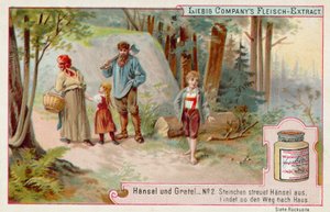 Hansel e Gretel: Hansel deixando um rasto de seixos para encontrar o caminho de casa (chromolitho) de European School