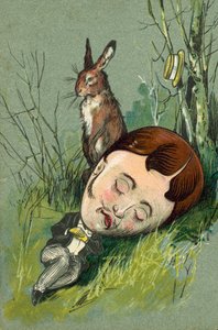Lebre sentada ao lado de um homem adormecido no campo (cromolitografia) de European School
