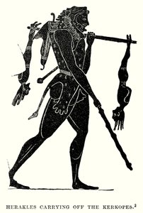 Herakles carregando o Kerkopes (gravura) de European School