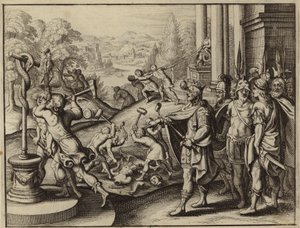 Ezequias, Rei de Judá, restaurando o Templo de Jerusalém e destruindo os ídolos (gravura) de European School