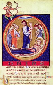 Inicial historiada retratando a morte da Virgem, de um manuscrito desconhecido, do século XII ao XIII de European School