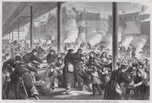 Famintos parisienses pedindo comida a soldados alemães acampados na praça do mercado de St Denis após o fim do cerco de Paris, Guerra Franco-Prussiana de European School