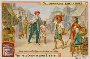 Crianças indianas trabalhando como guias para os cegos e executando recados de European School
