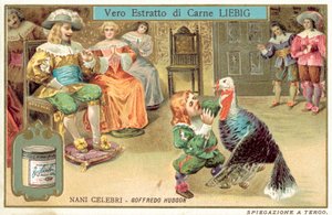 Jeffrey Hudson, anão e bobo da corte inglesa na corte do Rei Carlos I e da Rainha Henrietta Maria (chromolitho) de European School
