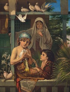 Jesus Cristo e João Batista quando meninos, com a Virgem Maria (gravura colorida) de European School