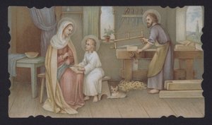 Jesus Cristo quando menino com sua mãe, Maria, na carpintaria de Josefas (chromolitho) de European School