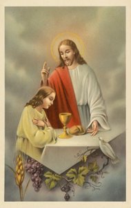 Jesus Cristo abençoa uma rapariga que recebe a comunhão (litografia a cores) de European School