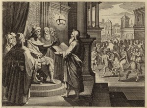 Rei Assuero ordena que o livro que narra seu reinado seja trazido e lido para ele (gravura) de European School