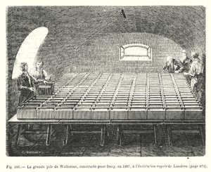 A grande pilha de Wollaston, construída para Davy, em 1807, no Royal Institution of London (gravura) de European School