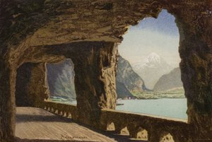 Lago de Lucerna: A Axenstrasse (litografia a cores) de European School