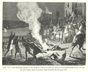 Os sarracenos lançam o fogo grego contra as torres de madeira e as obras preparadas pelo exército de Saint Louis, para a passagem de um ramo do Nilo (gravura) de European School