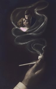 Amantes abraçados no fumo de um cachimbo (litografia a cores) de European School