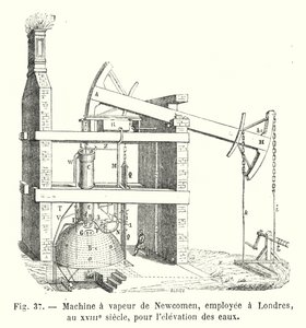 Motor a vapor Newcomen, usado em Londres, no século XVIII, para elevar água (gravura) de European School