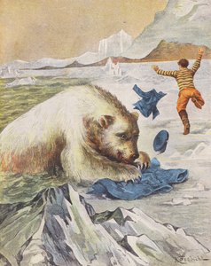 Homem a escapar a um ataque de um urso polar (litografia a cores) de European School