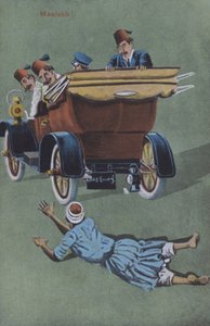 Homem atropelado por um carro com motorista (litografia a cores) de European School