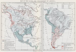 Mapa das raças e civilizações da América (litografia a cores) de European School