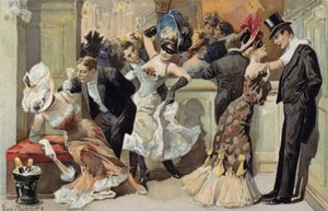 Baile de máscaras, com homens e mulheres a beber champanhe (cromolitografia) de European School