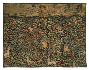 Fragmento de tapeçaria Mille fleurs representando animais, aves e paisagem, c.1500 (lã) de European School