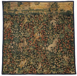 Fragmento de tapeçaria Mille fleurs representando animais, aves e paisagem, c.1500 (lã) de European School