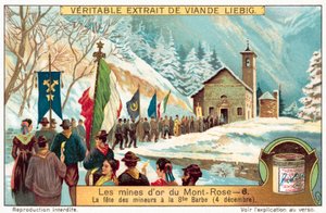 Mineiros das minas de ouro Monte Rosa celebram a festa de Santa Bárbara, padroeira dos mineiros (chromolitho) de European School