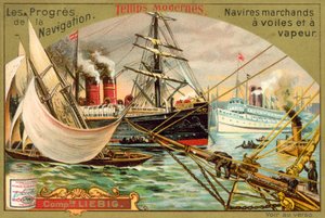 Velas modernas e navios mercantes a vapor (chromolitho) de European School